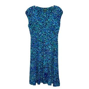 RALPH LAUREN V-NECK Cap Sleeve Fit Flare BLUE & AQUA KNIT Jersey DRESS Size 6